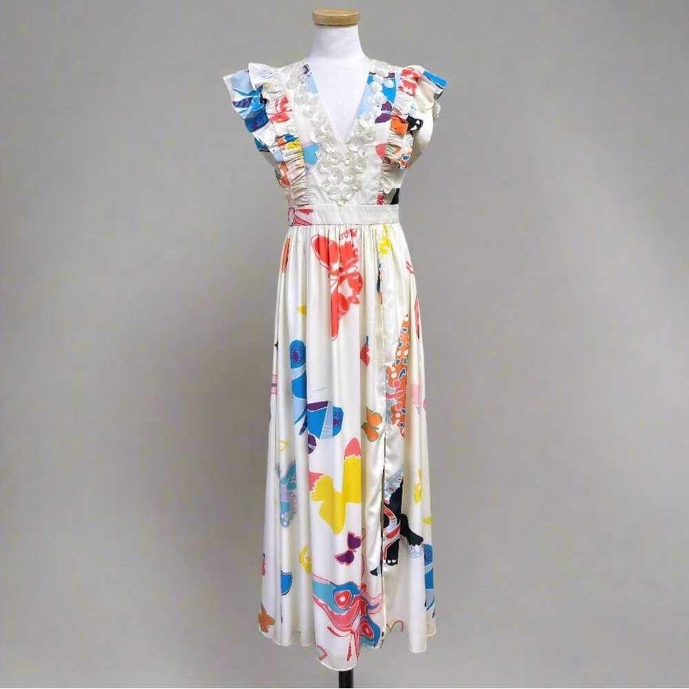 Colorful Maxi Dress with Ruffle Sleeves